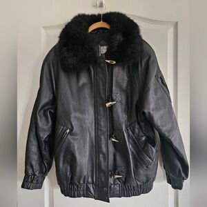 VINTAGE Greg Bell Leather Jacket  Black Fur Collar Zipper Toggle UNISEX Medium
